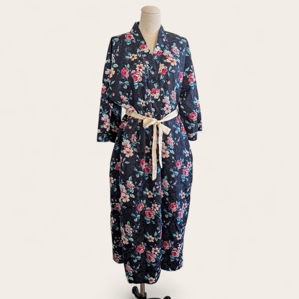 Vintage Erika Taylor Floral Satin Kimono Robe Duster Cottagecore Lounge Boho M - Picture 11 of 11